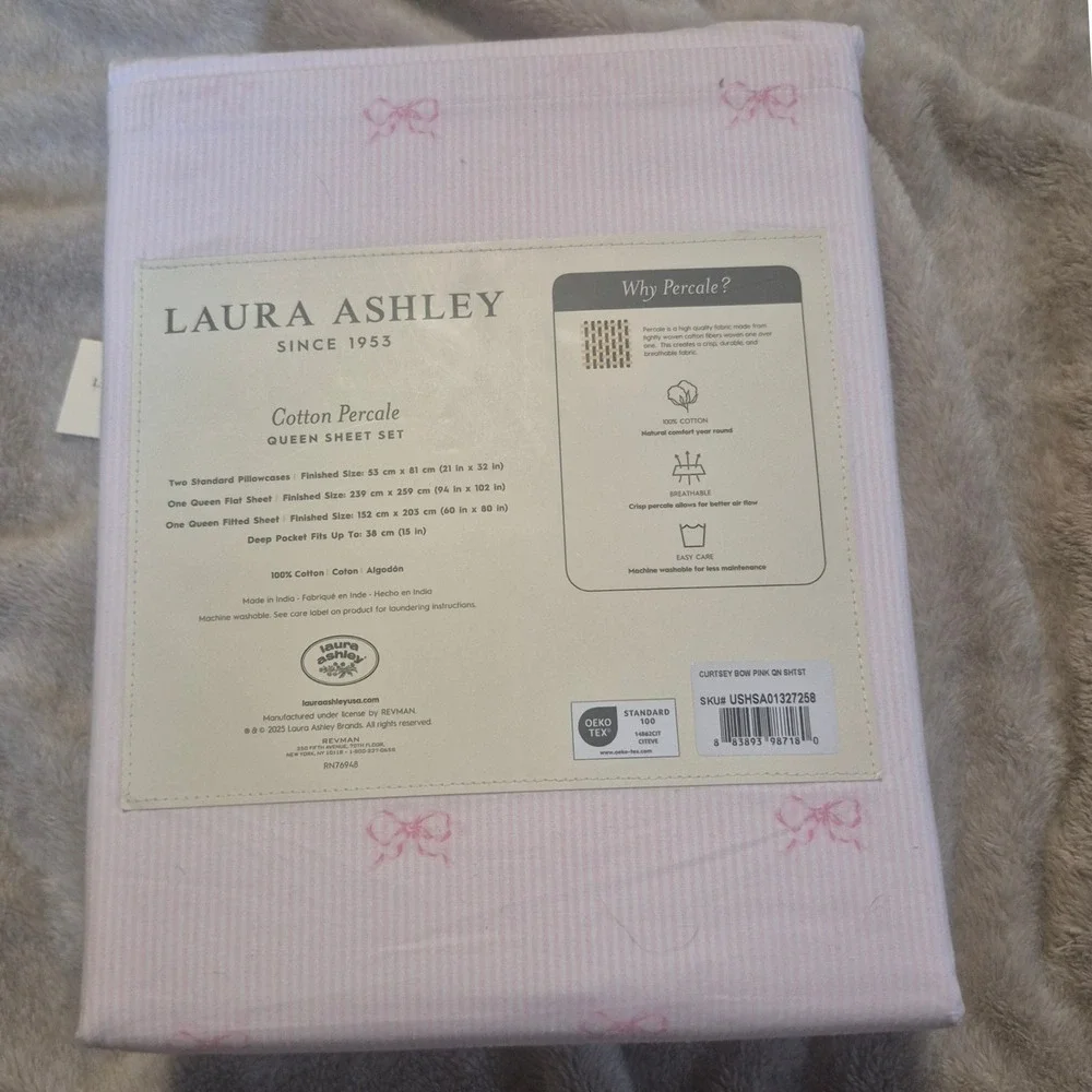 Laura Ashley Queen Sheet Set Cotton Percale Curtsey Bow Pink Pinstripe 4pc NEW